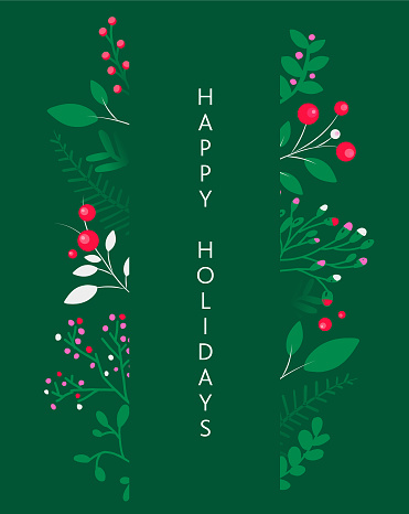 Vector illustration of a Happy Holidays greeting. Invitation card design with branches and berries on vibrant background. Easy to customize. Download includes eps 10 and high resolution jpg.