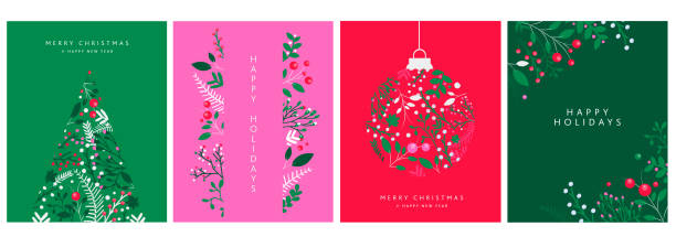 Set of Merry Christmas, Happy New Year and Happy Greeting card design templates in vibrant colors with hand drawn branches and florals - ilustração de arte vetorial