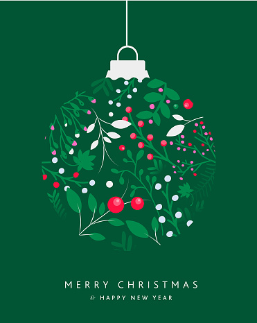 Vector illustration of a Merry Christmas and Happy New Year ornament. Greeting card design template in green color with hand drawn branches and florals. Easy to customize. Download includes eps 10 and high resolution jpg.