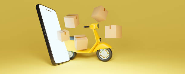 istock A delivery scooter or motorcycle is parked behind a smartphone with boxes for delivery and online shopping concept, 3d on yellow background. 1776933921