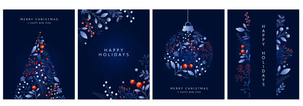 Set of Merry Christmas, Happy New Year and Happy Greeting card design templates in dark blue with hand drawn branches and florals - ilustração de arte vetorial