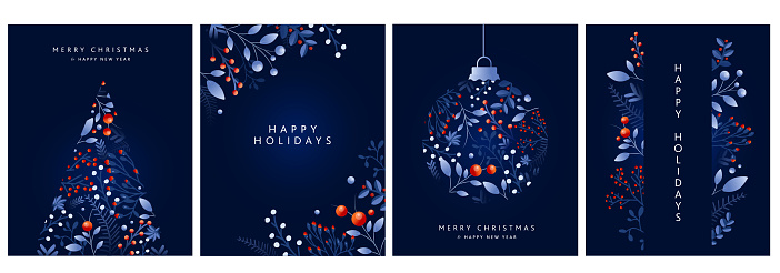 Vector illustration of a set of Merry Christmas, Happy New Year and Happy Holidays greetings. Includes Christmas Tree and ornament shapes. Invitation card design with blue and red branches and berries on a rich dark blue background. Easy to customize. Download includes eps 10 and high resolution jpg.