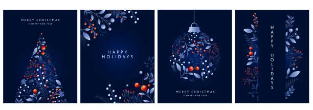 Vector illustration of Set of Merry Christmas, Happy New Year and Happy Greeting card design templates in dark blue with hand drawn branches and florals