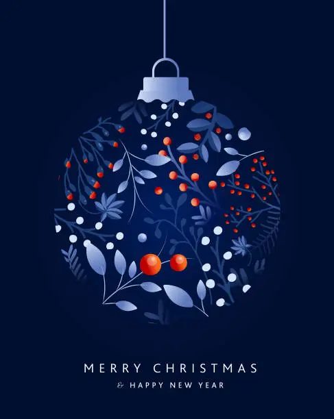 Vector illustration of Merry Christmas, Happy New Year Greeting card design template ornament shape in dark blue with hand drawn branches and florals