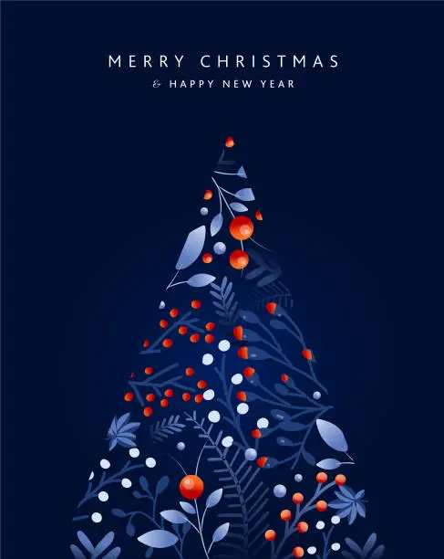 Vector illustration of Merry Christmas, Happy New Year Greeting card design template in dark blue with hand drawn branches and florals