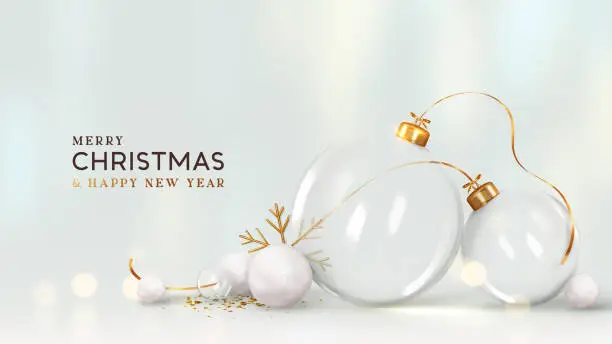 Vector illustration of Merry Christmas and happy new year background. Realistic 3d design glass transparent ornaments decoration balls, golden glitter confetti, soft white blue realistic lighting. vector illustration