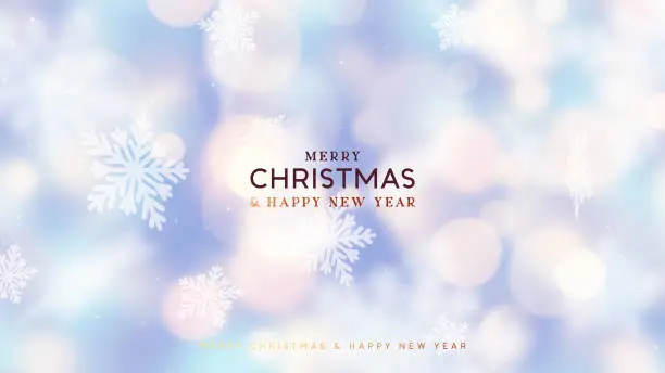 Vector illustration of Christmas Defocus light blue purple background. Light bokeh golden colors blur design with white and silver snowflakes are falling and circling. vector illustration