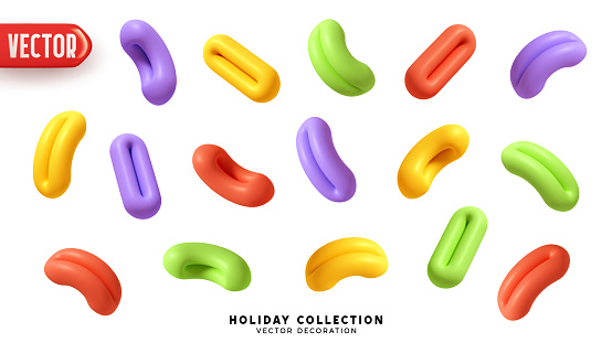Set of abstract decorative festive element multicolored color. Decor Realistic 3d cartoon objects in the shape of compressed ring. Festive confetti and tinsel serpentine. vector illustration