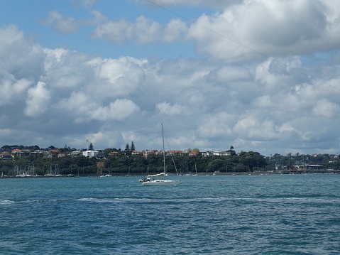 A sailboat motoring past Devonport, Auckland