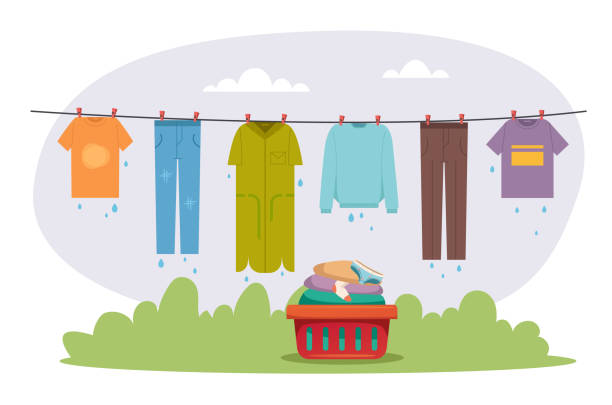 Clothes hang on laundry rope clothesline and dry concept. Vector flat graphic design illustration Clothes hang on laundry rope clothesline and dry concept. Vector flat graphic design cartoon of the clothes line stock illustrations