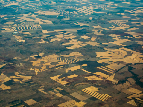 Aerial view of farm fields in Queensland, Australia Showing geometric patterns of individual crop areas