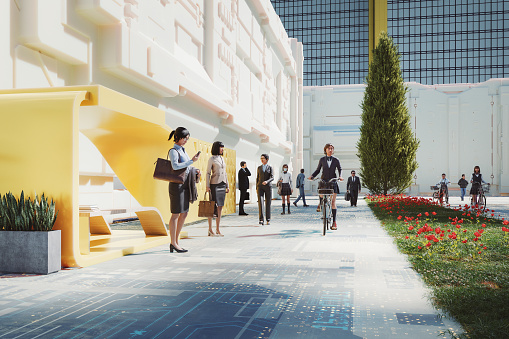 Futuristic city in Japan with people on the street. 3D generated image.