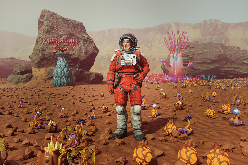 Futuristic female astronauts on alien planet. 3D generated image.