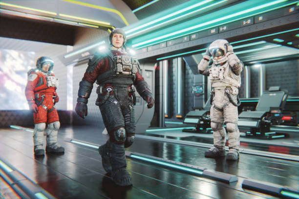 istock Futuristic female astronauts on a spaceship 1776963751