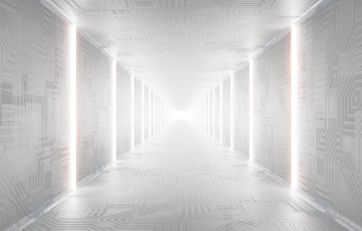 Empty illuminated futuristic corridor. 3D generated image.