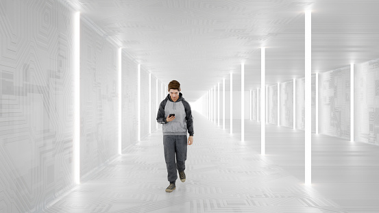 Japanese casual young man walking and text messaging in futuristic corridor. 3D generated image.