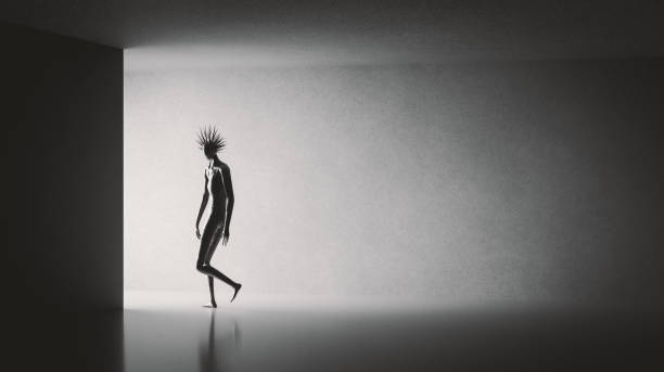 Strange spooky creature walking in underground tunnel. 3D generated image.