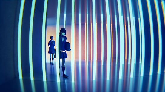 Young Japanese women approaching futuristic digital checkpoint. 3D generated image.