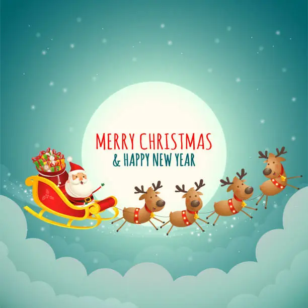 Vector illustration of Santa Claus sleigh - silhouette on moon greeting card 