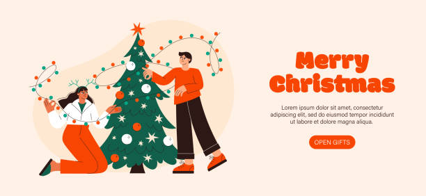 istock Christmas people vector flat illustration. Couple decorating Christmas tree. A guy and a girl celebrating New Year 1776969131