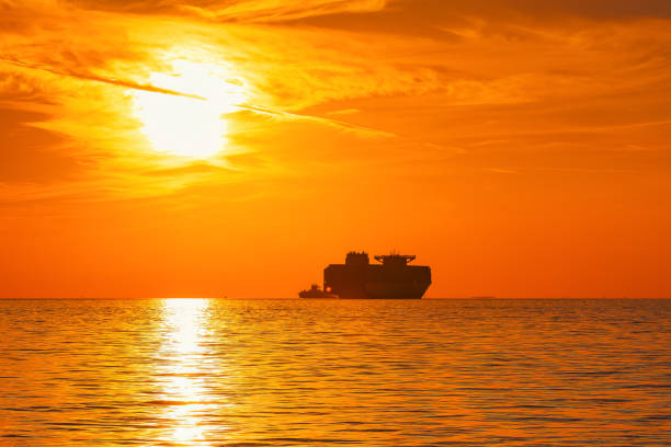 istock Container ship sails at sea horizon in twilight 1776978583