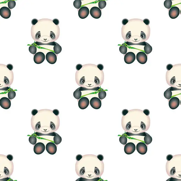 Vector illustration of Seamless pattern of little pandas with bamboo sprout