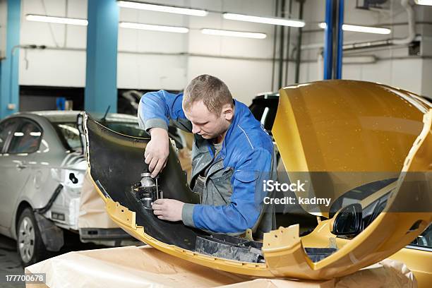 Repairman Grinding Metal Body Car Stock Photo - Download Image Now - Car Bodywork, Crash, Repairing