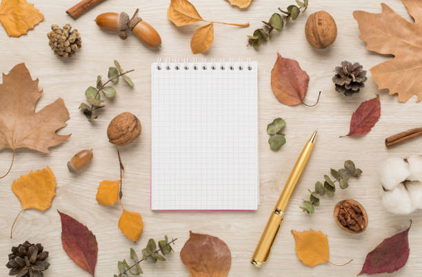 istock Autumn leaves with notebook on wooden background, top view 1777022652