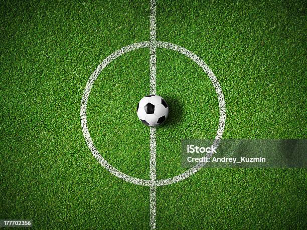 Soccer Field Center And Ball Top View Background Stock Photo - Download Image Now - Soccer, Sports Field, Soccer Ball