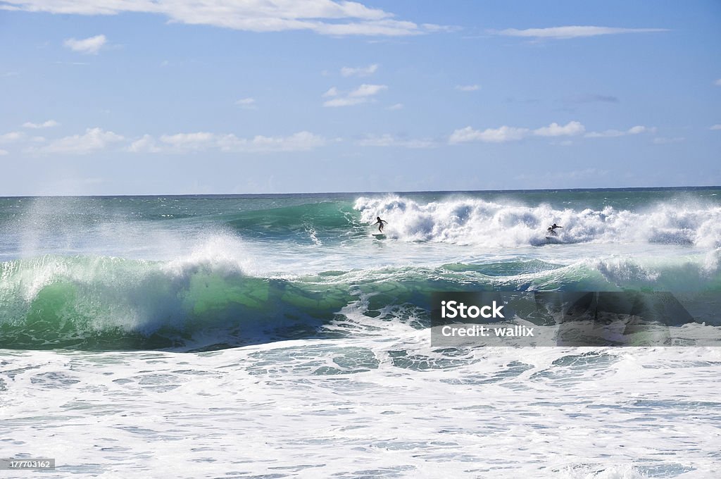 Grandes ondas de surfe ao pôr-do-sol na praia, Oahu, Havaí - Foto de stock de Oahu royalty-free