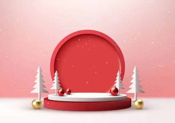 Vector illustration of White and Red Christmas Podium Product Display Mockup Showroom Showcase