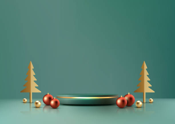 istock 3D Realistic Green and Gold Christmas Podium on Green Background with Pine Tree and Red Balls 1777039176
