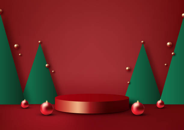 istock 3D Realistic Red Christmas Podium on Red Background for Product Display 1777039180