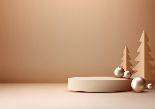 istock 3D Realistic Beige Christmas Podium on Brown Background with Pine Tree and Golden Balls 1777039184