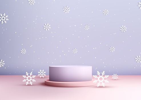 Christmas festive purple and pink 3D podium decorative with snowflake and snowy on a purple background, perfect for displaying products, creating mockups. Vector illustration