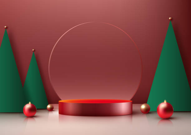 istock 3D Realistic Red Christmas Podium on Red Background for Product Display 1777039188