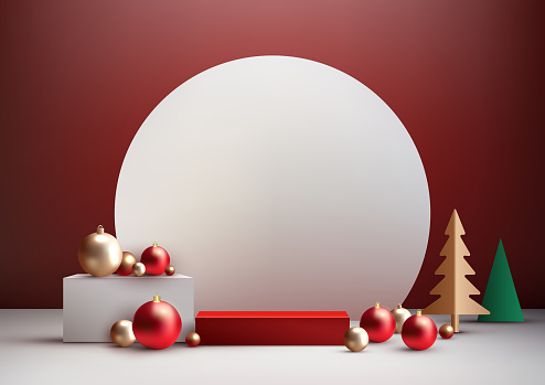 Christmas festive 3D realistic white and red color podium decoration with gold and green pine tree and many balls on red wall background. Christmas holiday concept product display, mockup, showroom, showcase. Vector illustration