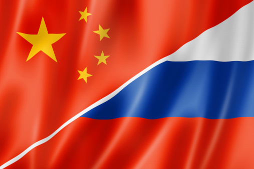 Mixed China and Russia flag, three dimensional render, illustration
