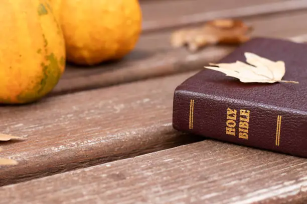 Holy bible book on wooden bench with autumn leaves and pumpkin in nature. Close-up. Christian gratitude and Thanksgiving day concept.