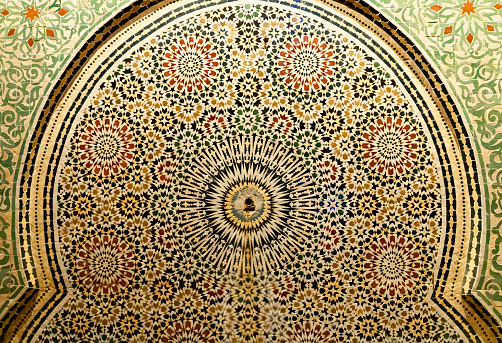 Mosaic of a water fountain in Marrakech, Morocco