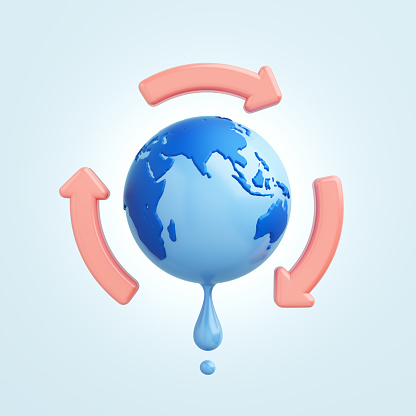 Symbol object of blue globe and water drops are melting and arrow in the concept is Ecosystems, water power and wastewater treatment on light blue background. object clipping path. 3D Illustration.