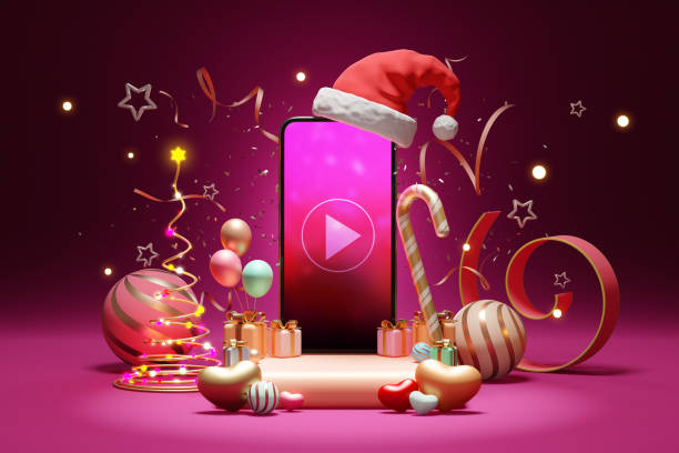 Entertainment media on smartphone. stars, gift box, santa hat, glow light celebrate backdrop. Gift birthday party, Christmas, New Year. Countdown event. Phone screen clipping path. 3D Illustration.