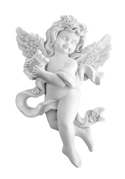 A white, stone angel statue on a white background