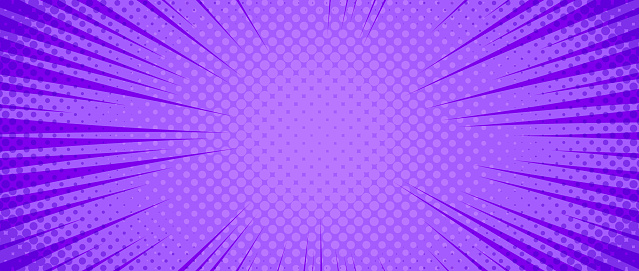 Purple radial dotted comic background. Speed lines wallpaper with pop art halftone texture. Anime cartoon rays explosion backdrop for poster, banner, print, magazine, cover. Vector illustration