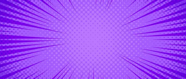 Vector illustration of Purple radial dotted comic background. Speed lines wallpaper with pop art halftone texture. Anime cartoon rays explosion backdrop for poster, banner, print, magazine, cover. Vector illustration