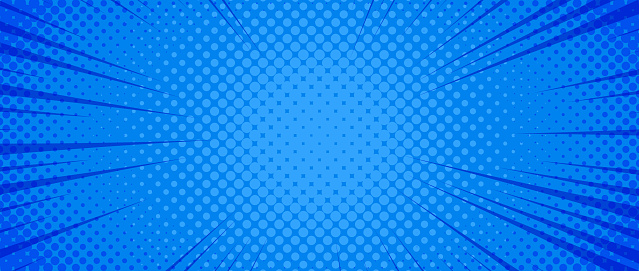 Bright blue radial dotted comic background. Speed lines wallpaper with pop art halftone texture. Anime cartoon rays explosion backdrop for poster, banner, print, magazine, cover. Vector illustration
