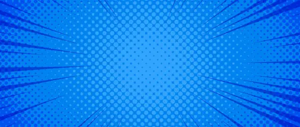 Vector illustration of Bright blue radial dotted comic background. Speed lines wallpaper with pop art halftone texture. Anime cartoon rays explosion backdrop for poster, banner, print, magazine, cover. Vector illustration