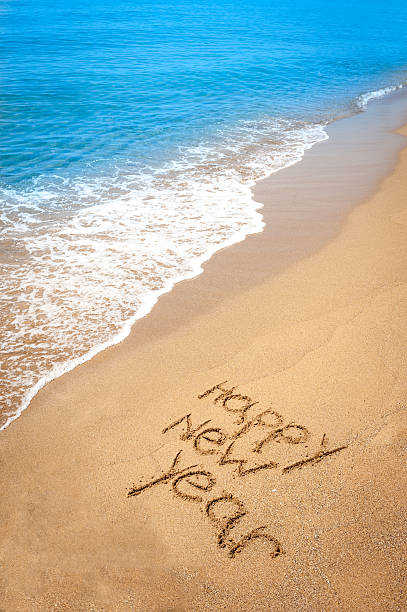 istock Happy new year written in sand on tropical beach 177708734