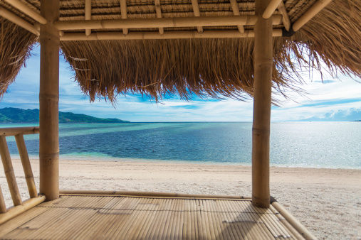 Seaview from bamboo hut on beach on Gili Air island, off Bali in Indonesia