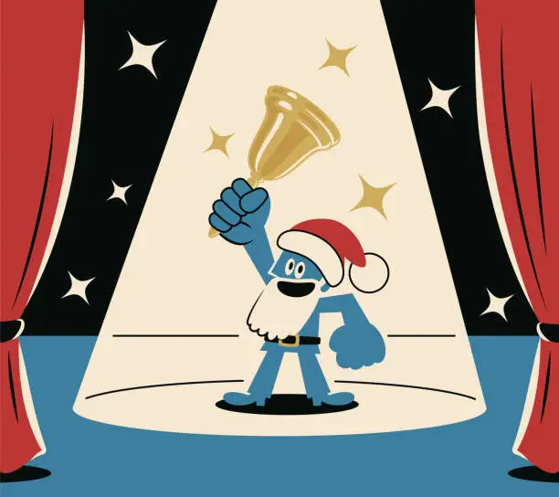 Vector illustration of Happy blue Santa Claus blessing everyone and ringing a jingle bell on stage with a spotlight